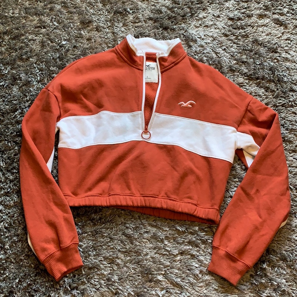Hollister Red & White Quarter-Zip Cropped Sweatshirt
